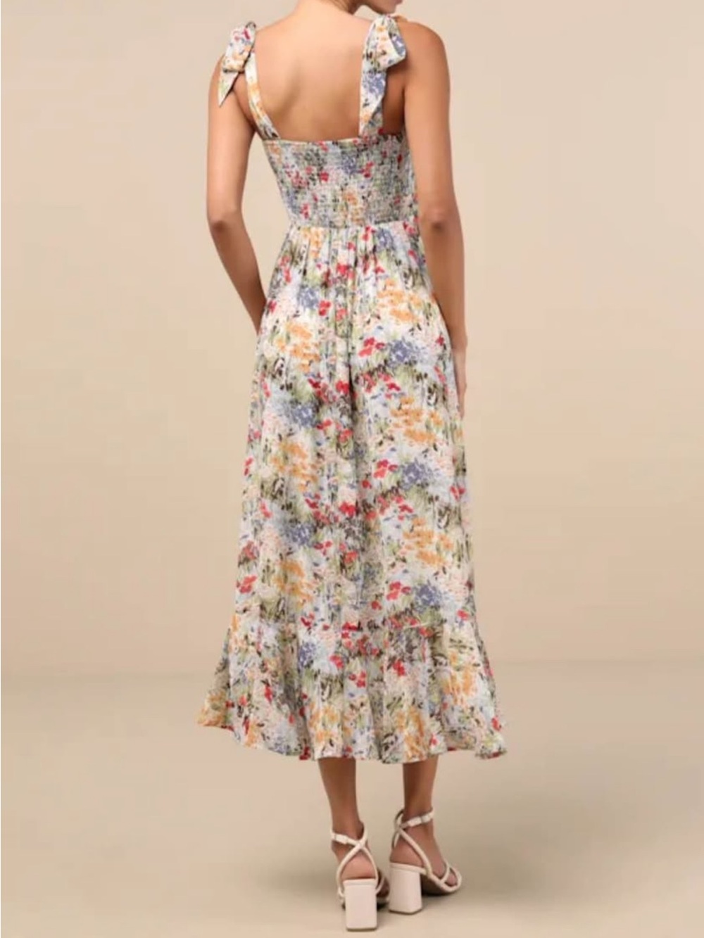 Lulu's summer Invite White Pastel Floral Tie-Shoulder Sun Dress Large - Picture 2 of 6